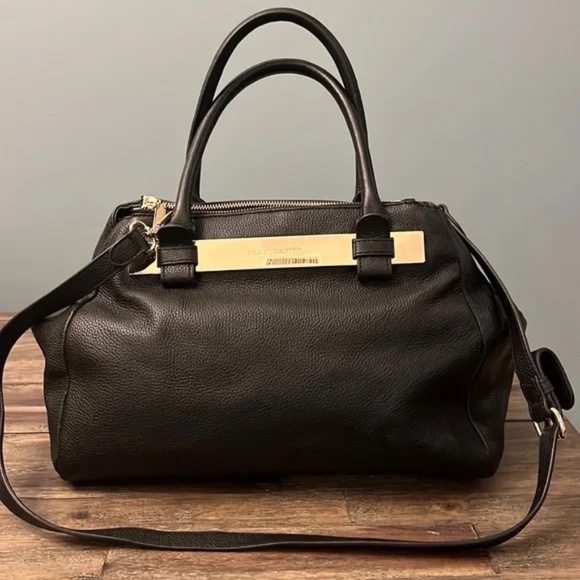 Vince Camuto Handbags - Vince Camuto Black Leather Satchel - Crossbody w Gold Logo Plate triple entry